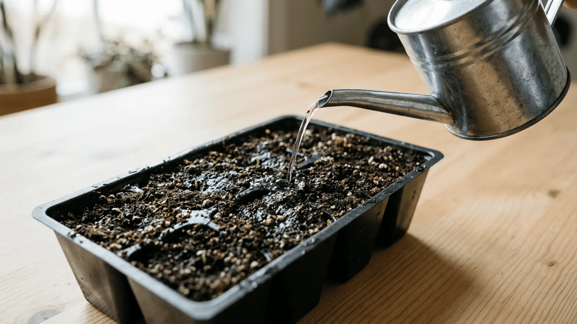 Watering can gently moistening soil in seed tray with evenly damp surface