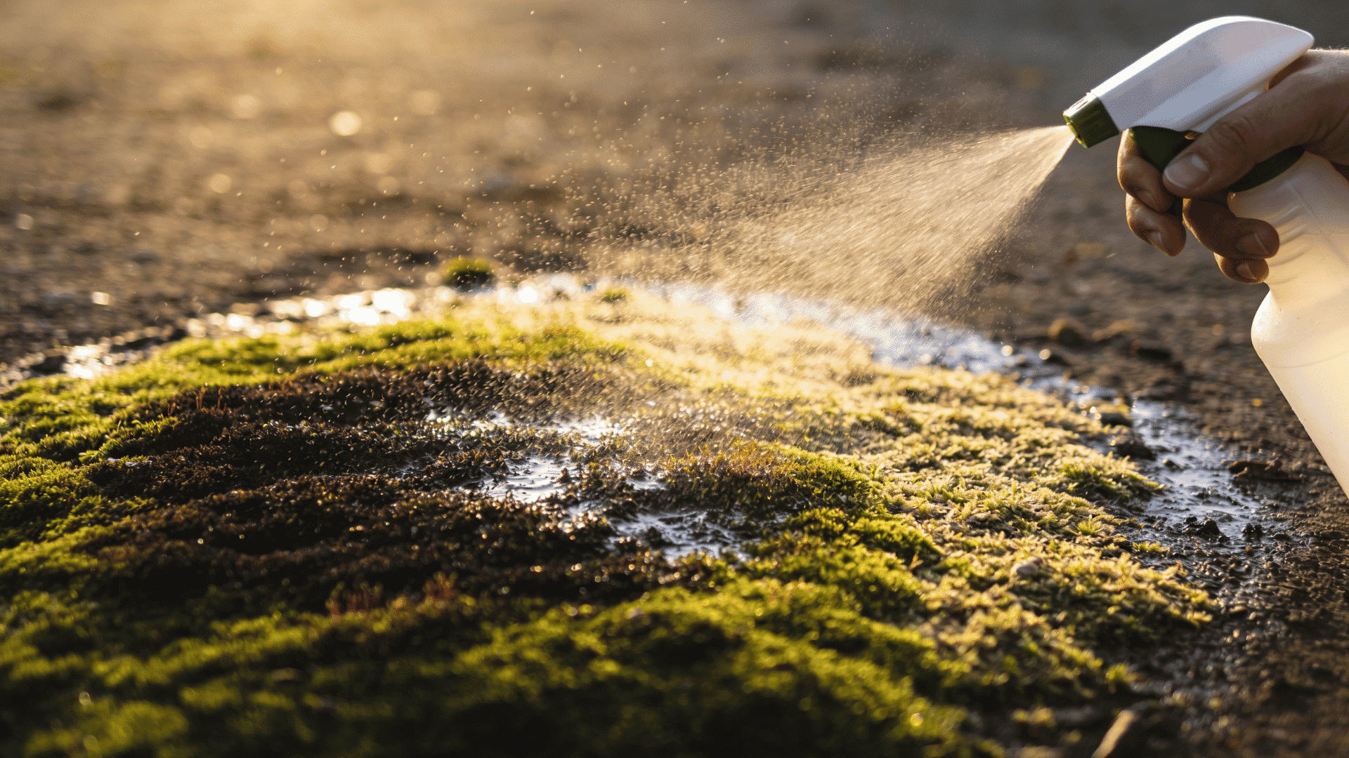 Hand spraying water mist onto a patch of moss in golden sunlight.