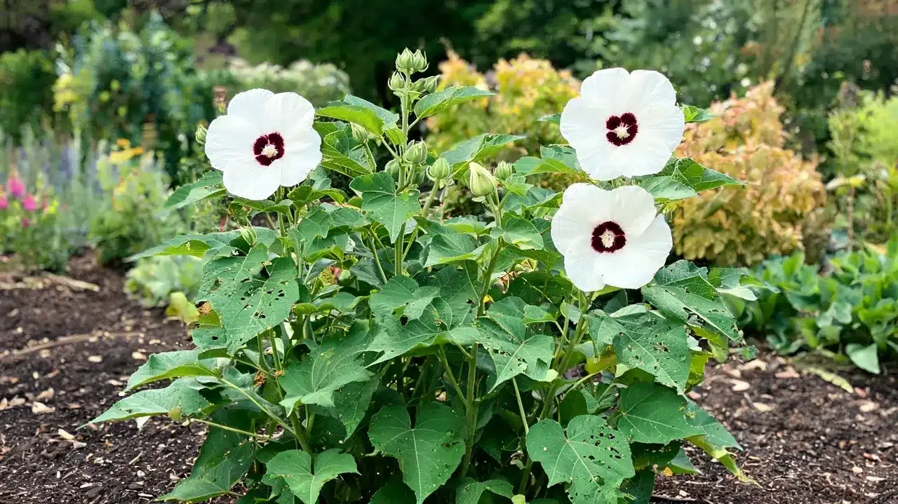 white hardy hibiscus flowers blooming in garden bed