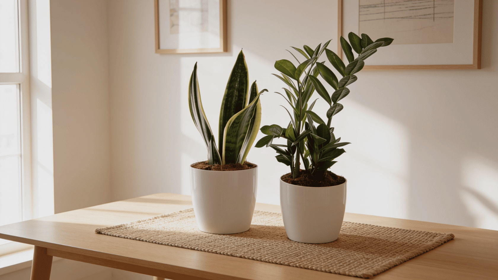 ZZ plant and snake plant in white pots on a table near a sunlit window indoors